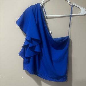 Glam Blue One-Shoulder Ruffle Top